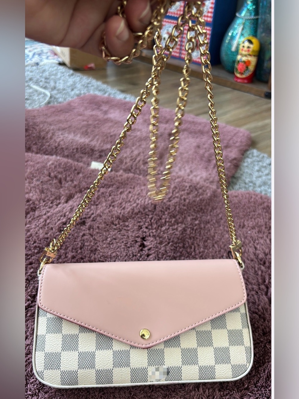 Pink Envelope Crossbody with Gold Chain and Check Pattern